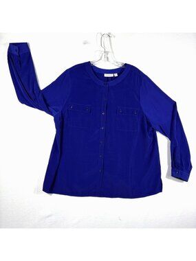 Susan Graver Lightweight Full Button Shirt Women XL Roll-Tab Long Sleeve Blue